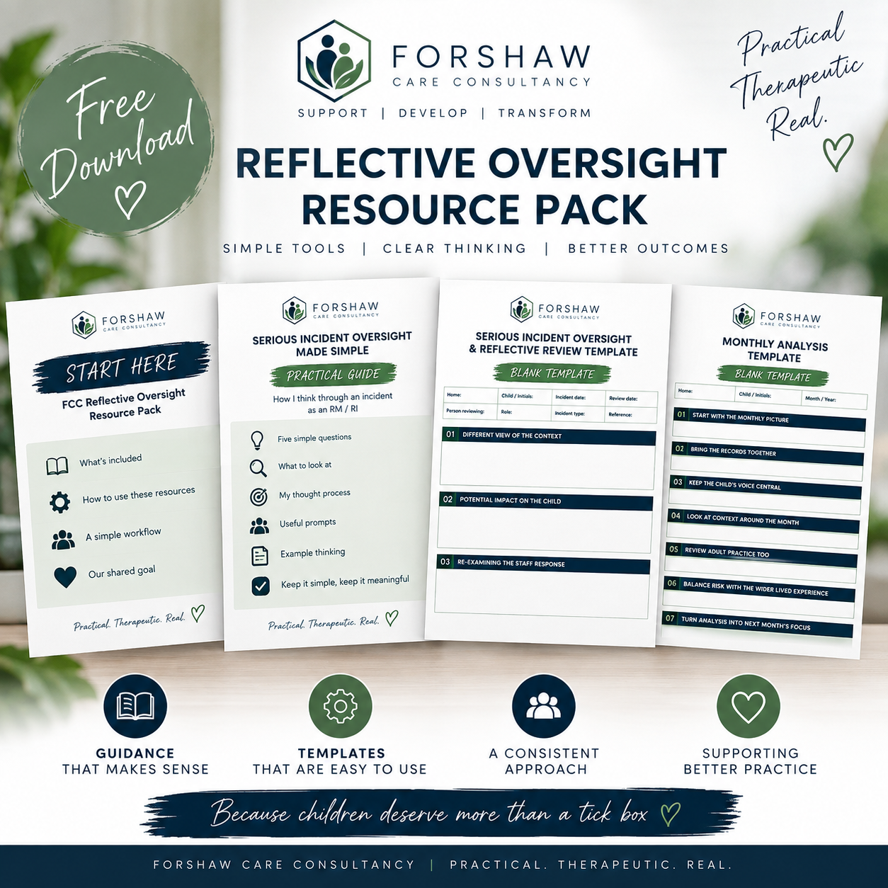 FCC Reflective Incident Oversight Pack containing a Serious Incident Oversight Guide, Reflective Incident Review Template and Monthly Analysis Template